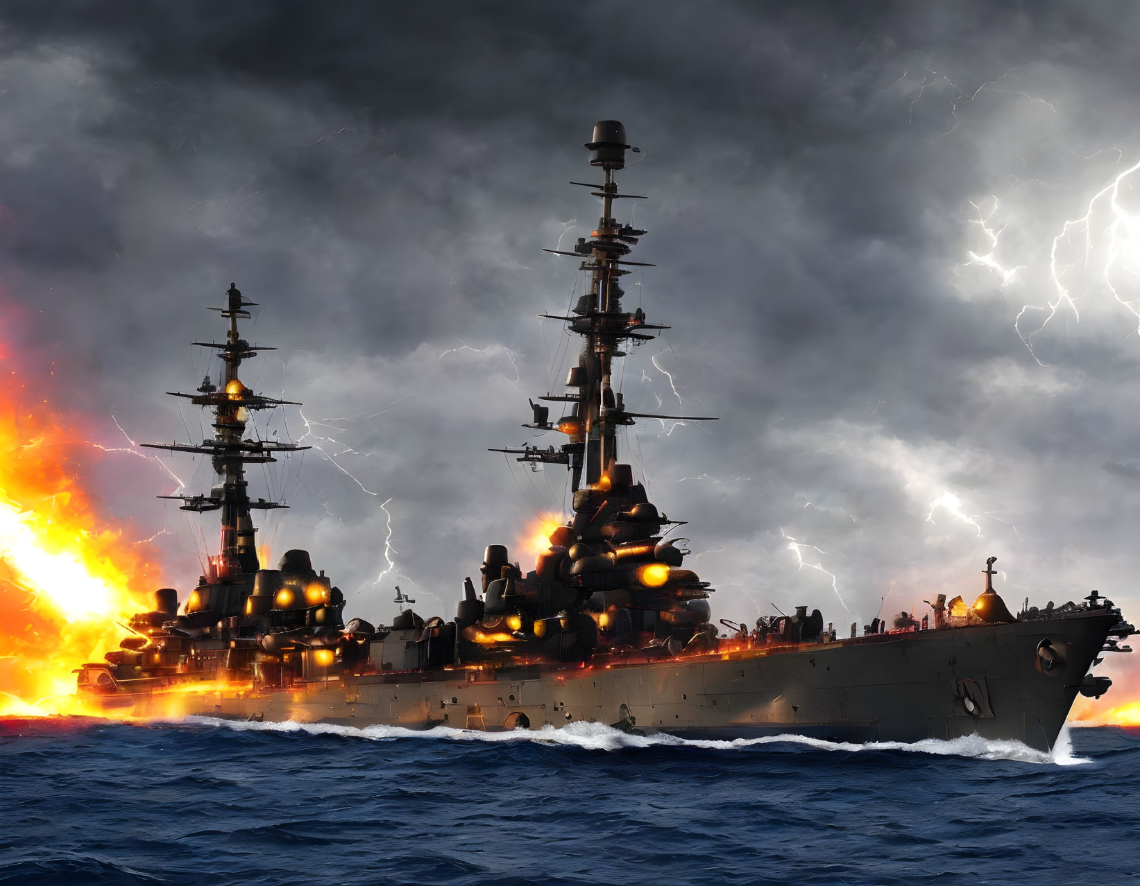 Warship in storm with cannons firing.