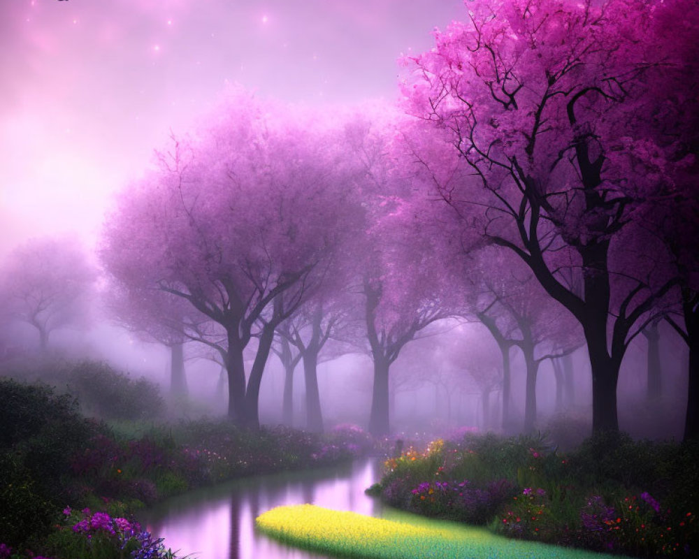 Mystical landscape with pink cherry blossoms and vibrant flowers in twilight sky