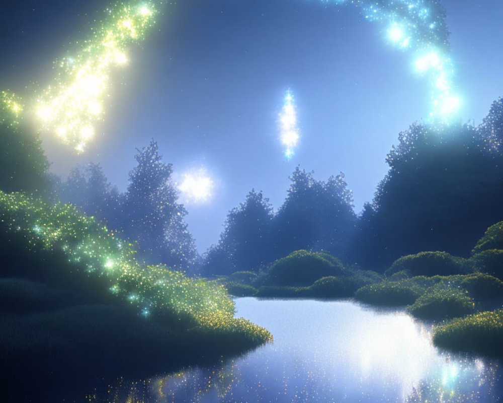 Tranquil night scene with star-like trail over forest and water