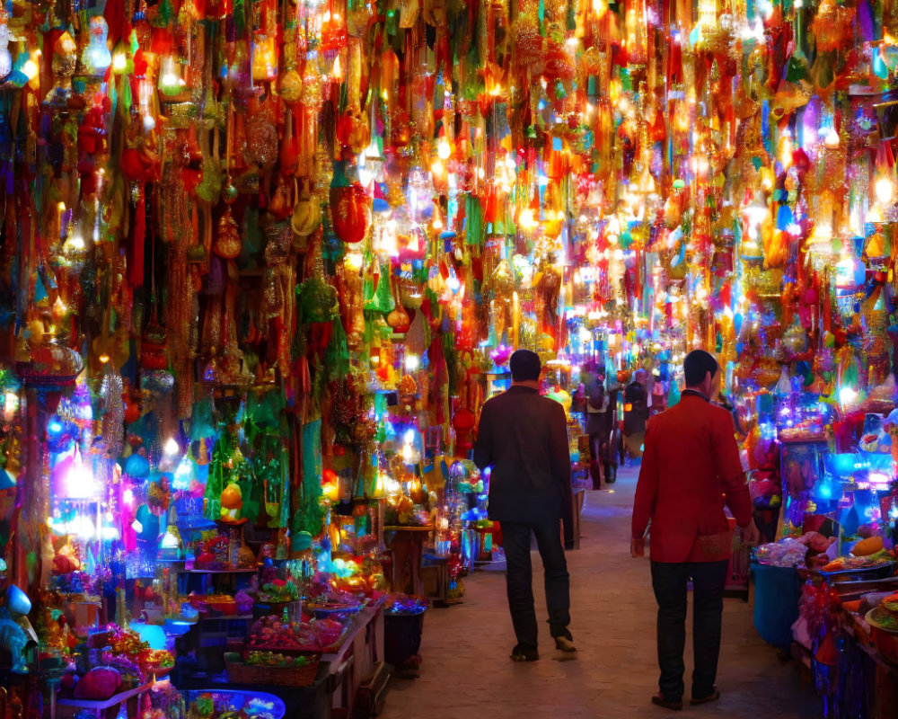 Vibrant market corridor with colorful hanging lanterns at night