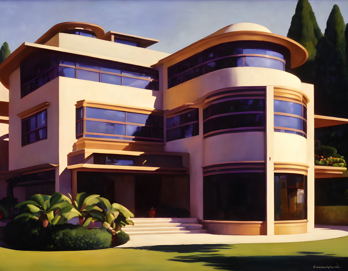 Modern House with Curved Designs, Large Windows, and Sunny Backdrop