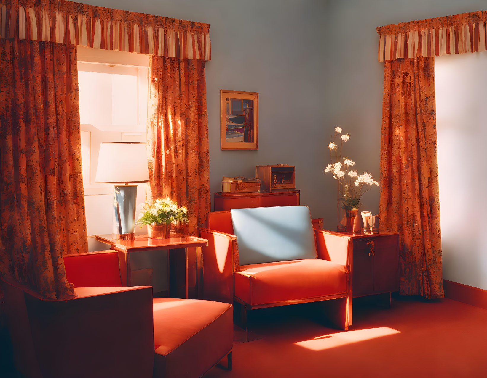 Warmly lit room with red armchairs, wooden table, lamp, curtains, and flowers.