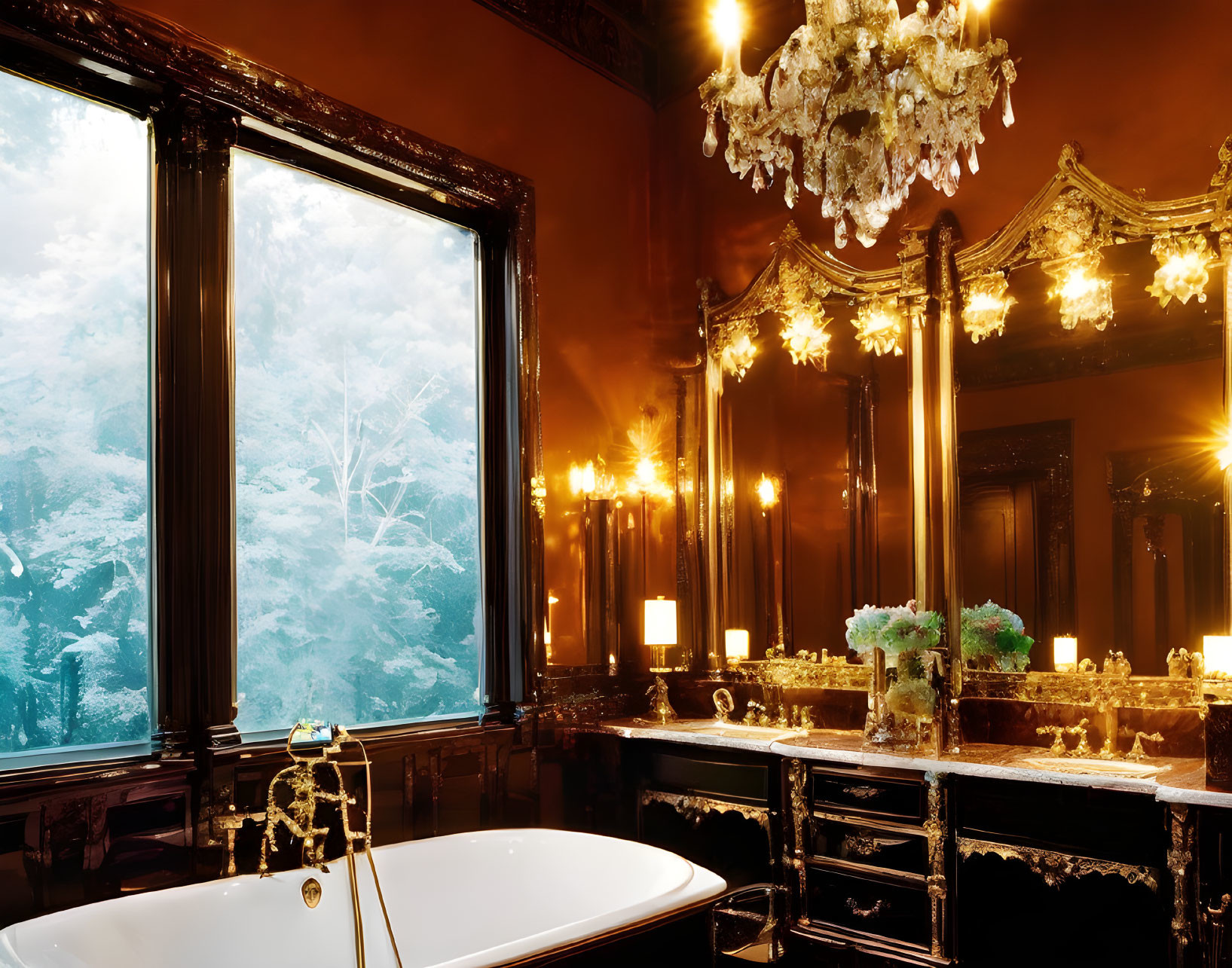 Luxurious Bathroom with Claw-Foot Tub, Ornate Mirrors, Chandeliers, and Frost