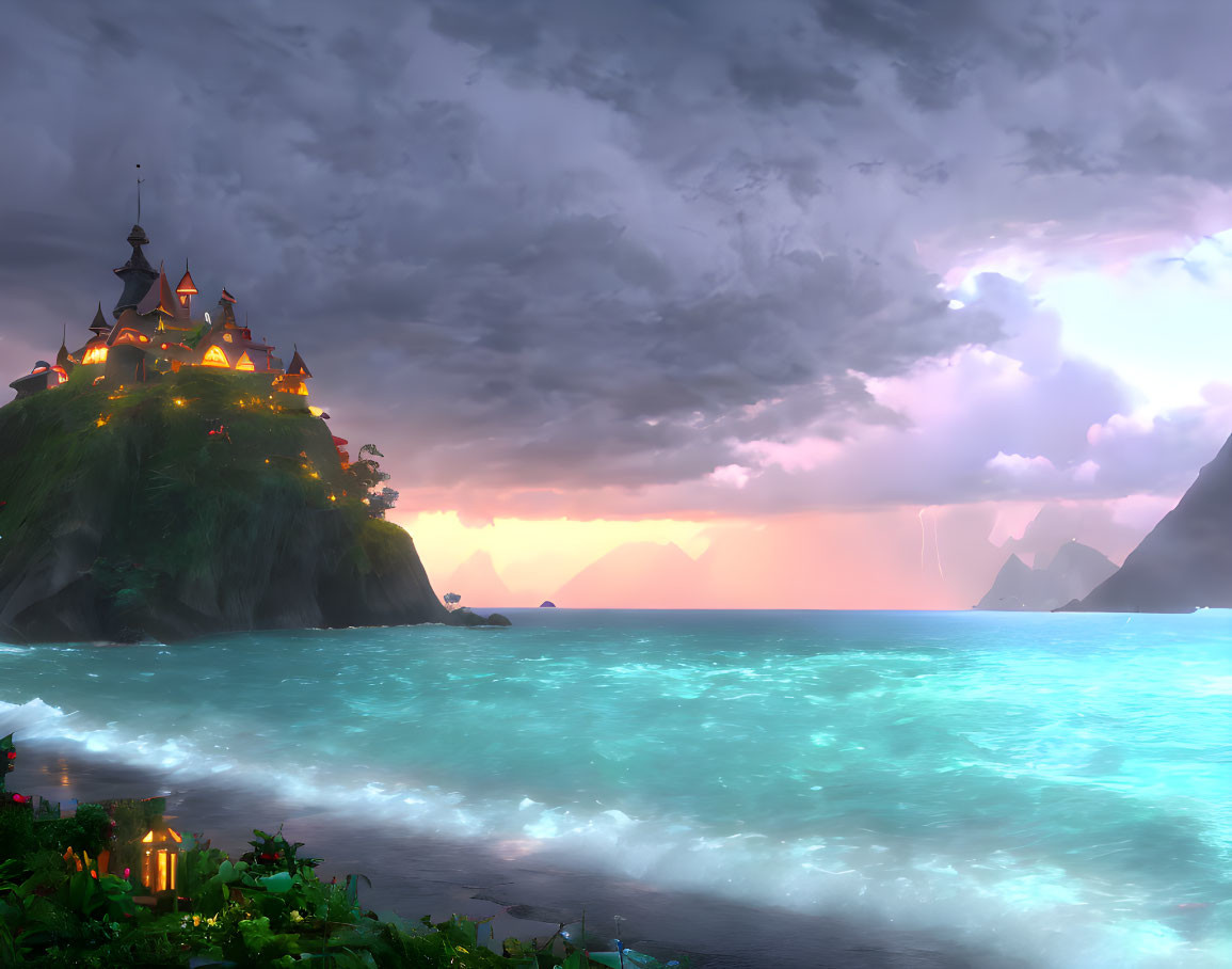 Coastal dusk scene with glowing castle, bioluminescent waters, and dramatic sky