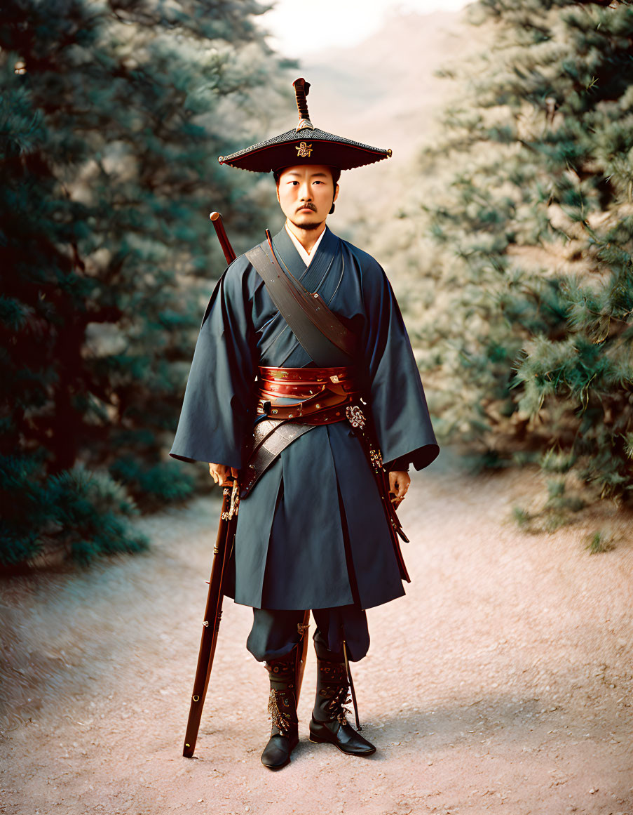 Traditional Korean Warrior Attire in Serene Forest Setting