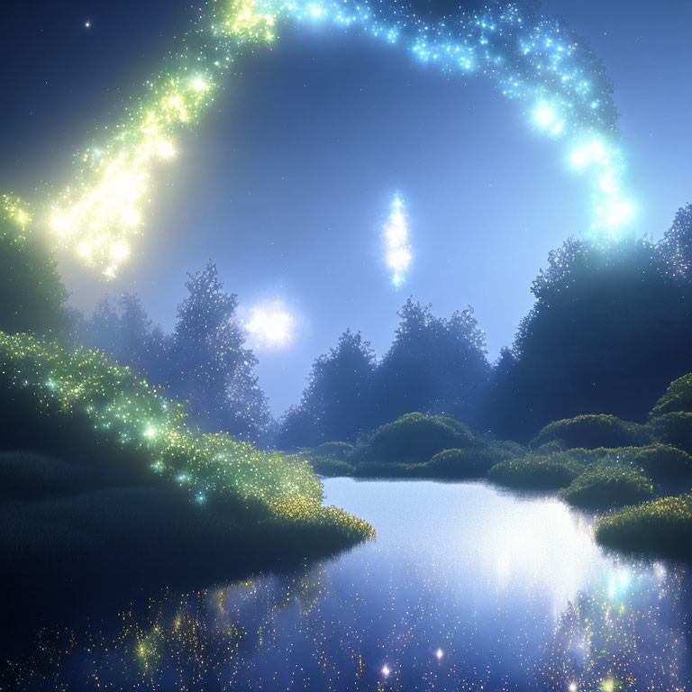 Tranquil night scene with star-like trail over forest and water