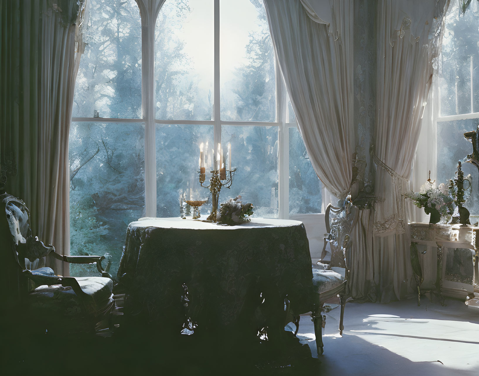 Sunlit Elegant Room with Large Windows, Curtains, Candelabra, and Antique Furniture