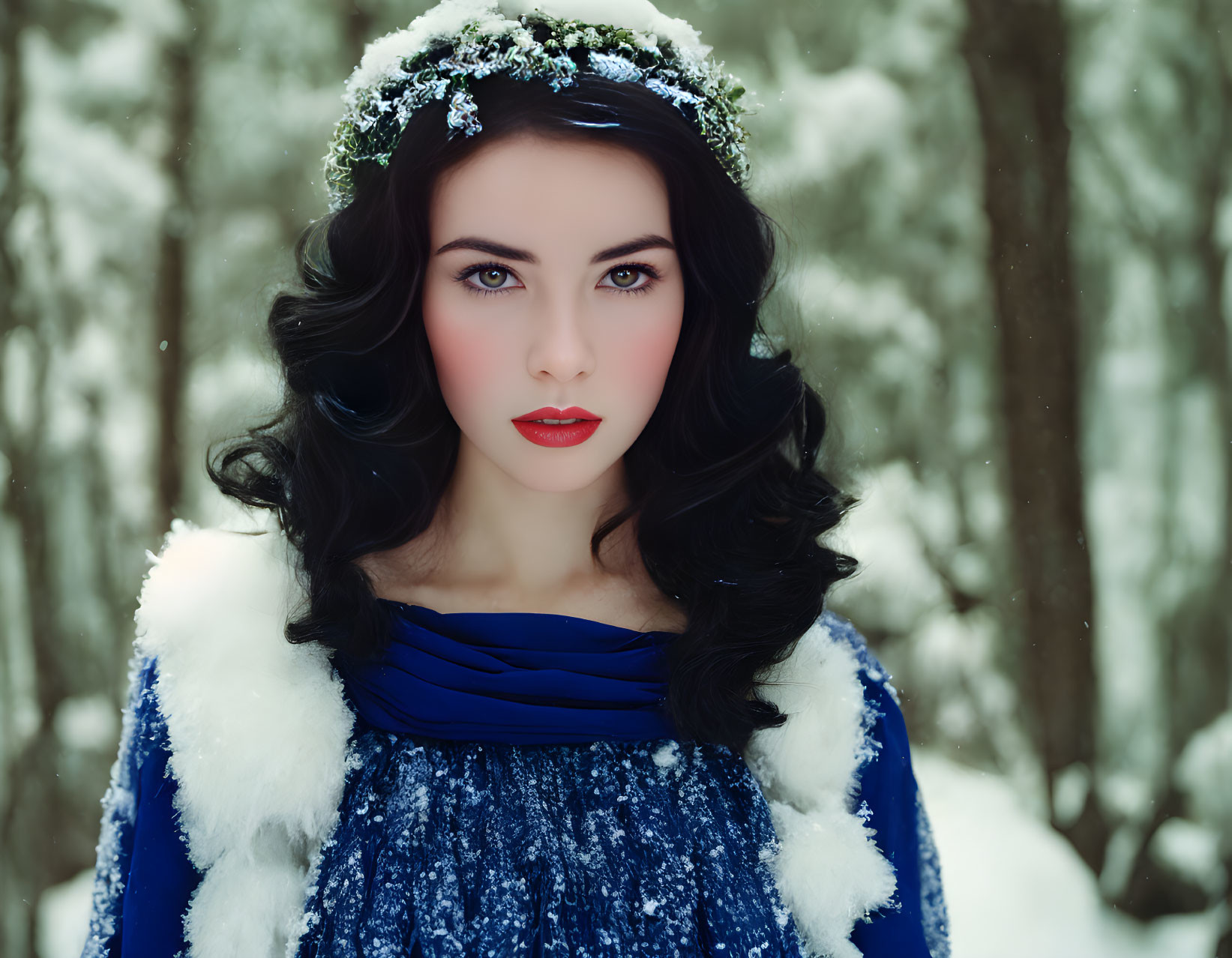 Dark-haired woman in blue dress and fur coat in snowy forest with wreath