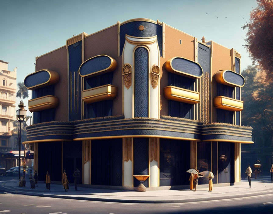 Ornate Art Deco Building with Gold and Dark Tones