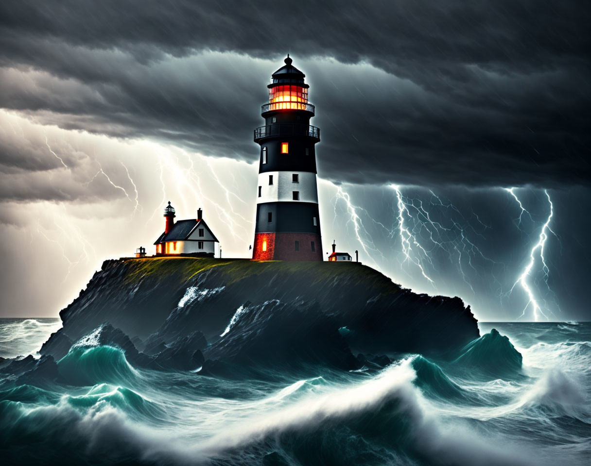 Lighthouse on rocky promontory in stormy sky with lightning and turbulent sea waves