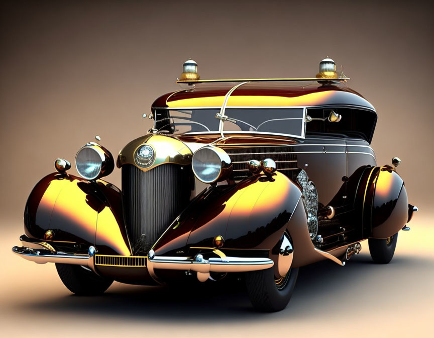 Classic Luxury Car: Black and Brown Design, Chrome Details, Round Headlights