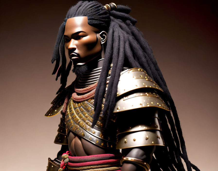 Warrior doll with dreadlocks in gold-trimmed armor on warm background