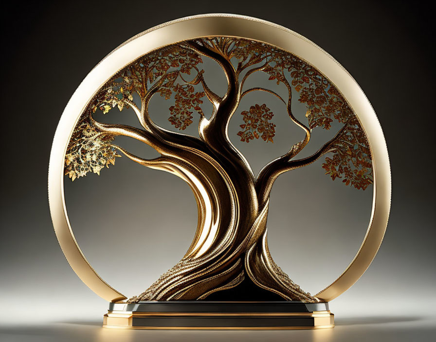 Metallic tree sculpture with intricate branches and leaves on circular frame against gradient background