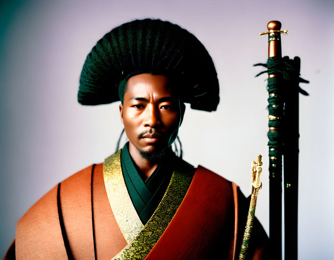 Traditional East Asian Attire with Large Black Headdress and Sword Detail