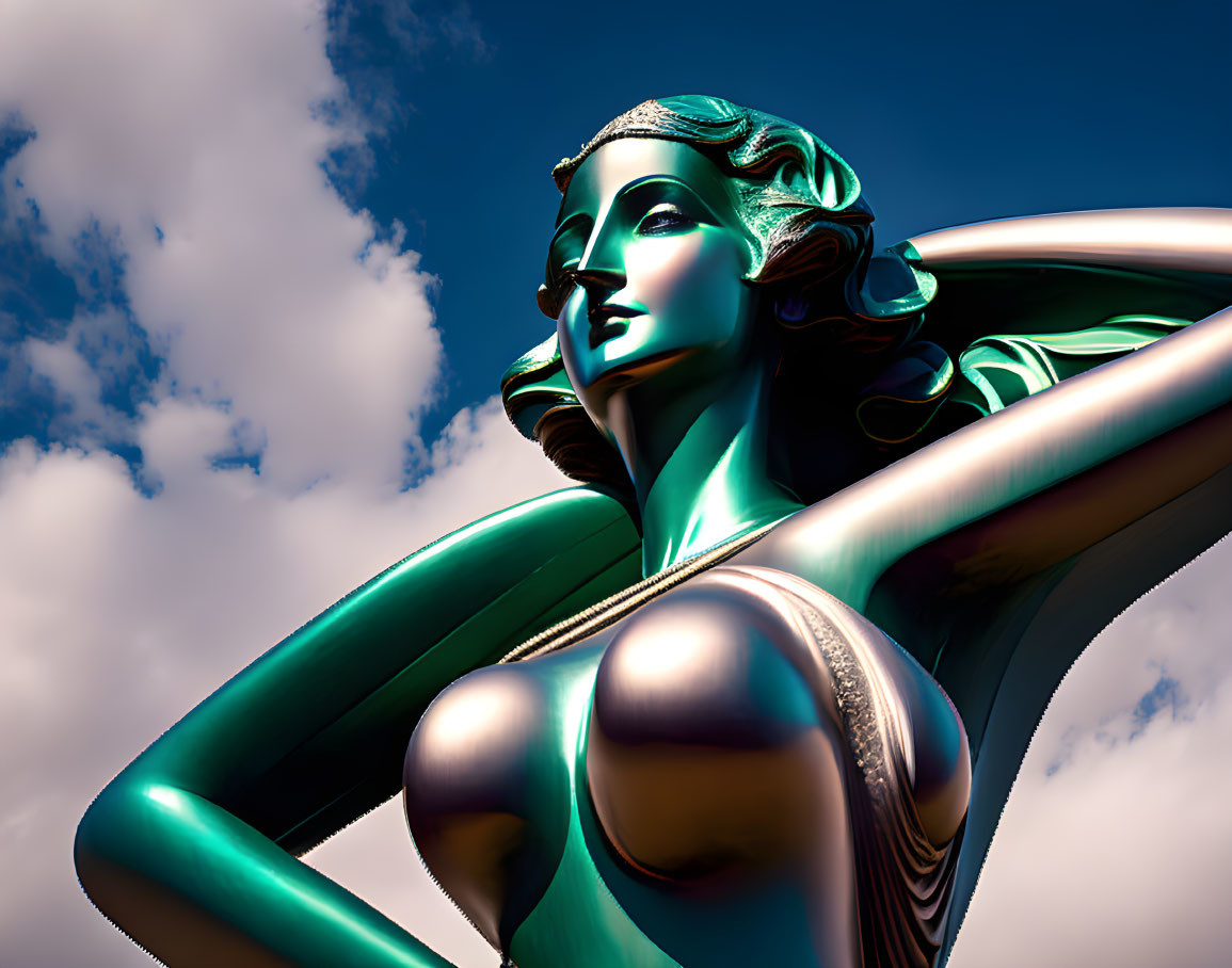 Metallic female figure statue under blue sky with fluffy clouds