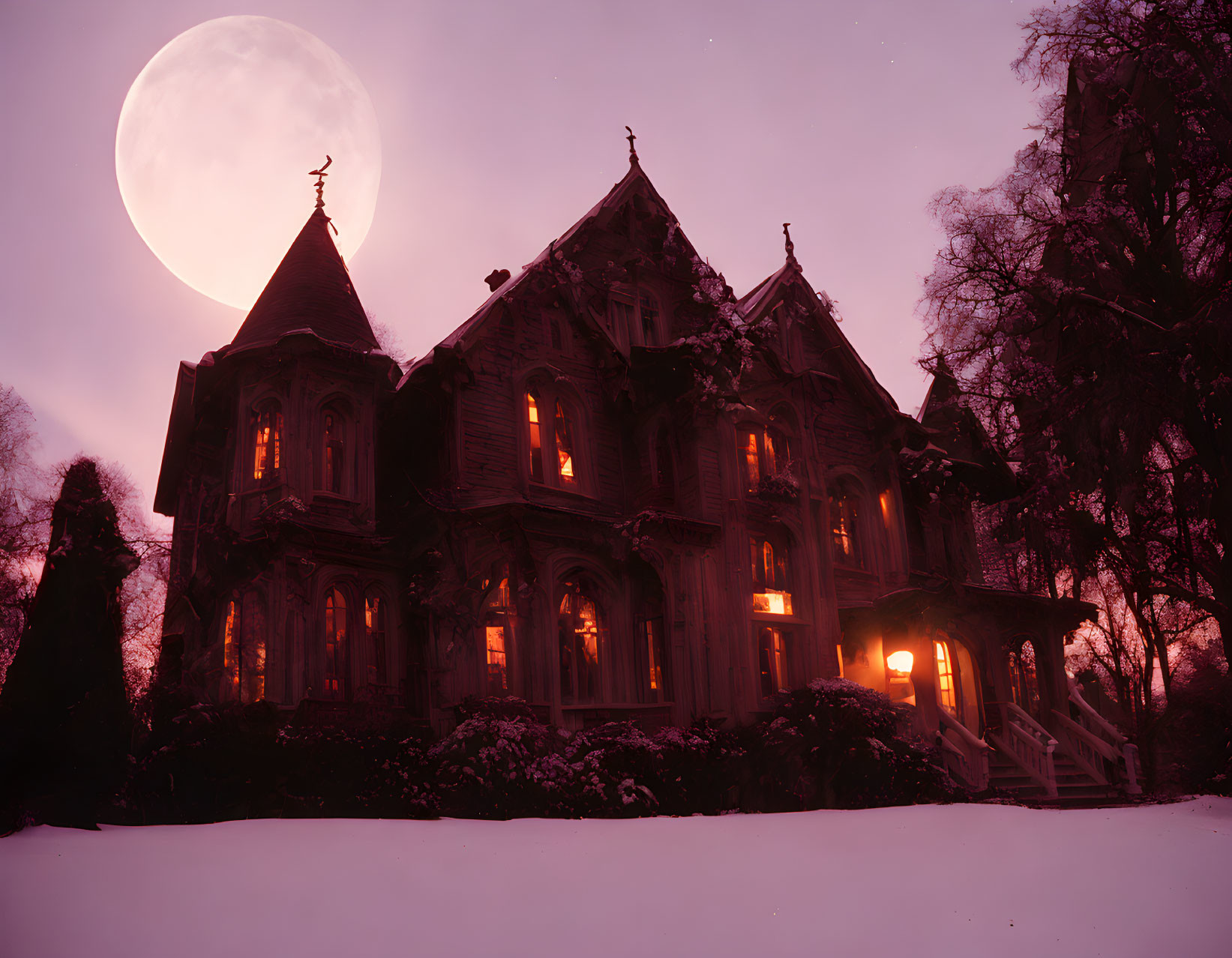 Victorian mansion at dusk with full moon and snow-covered grounds