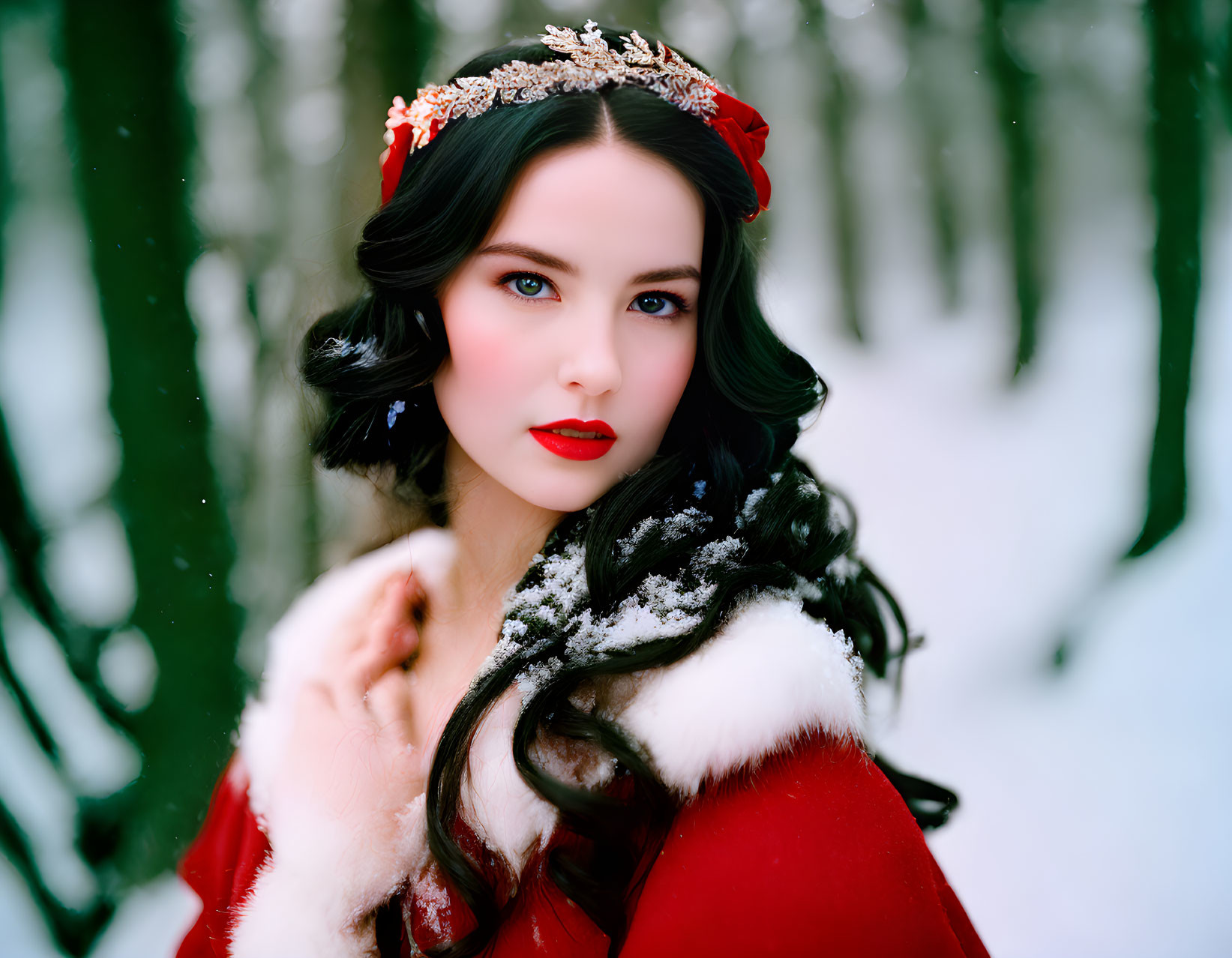 Dark-haired woman in red dress and floral headpiece in snowy forest