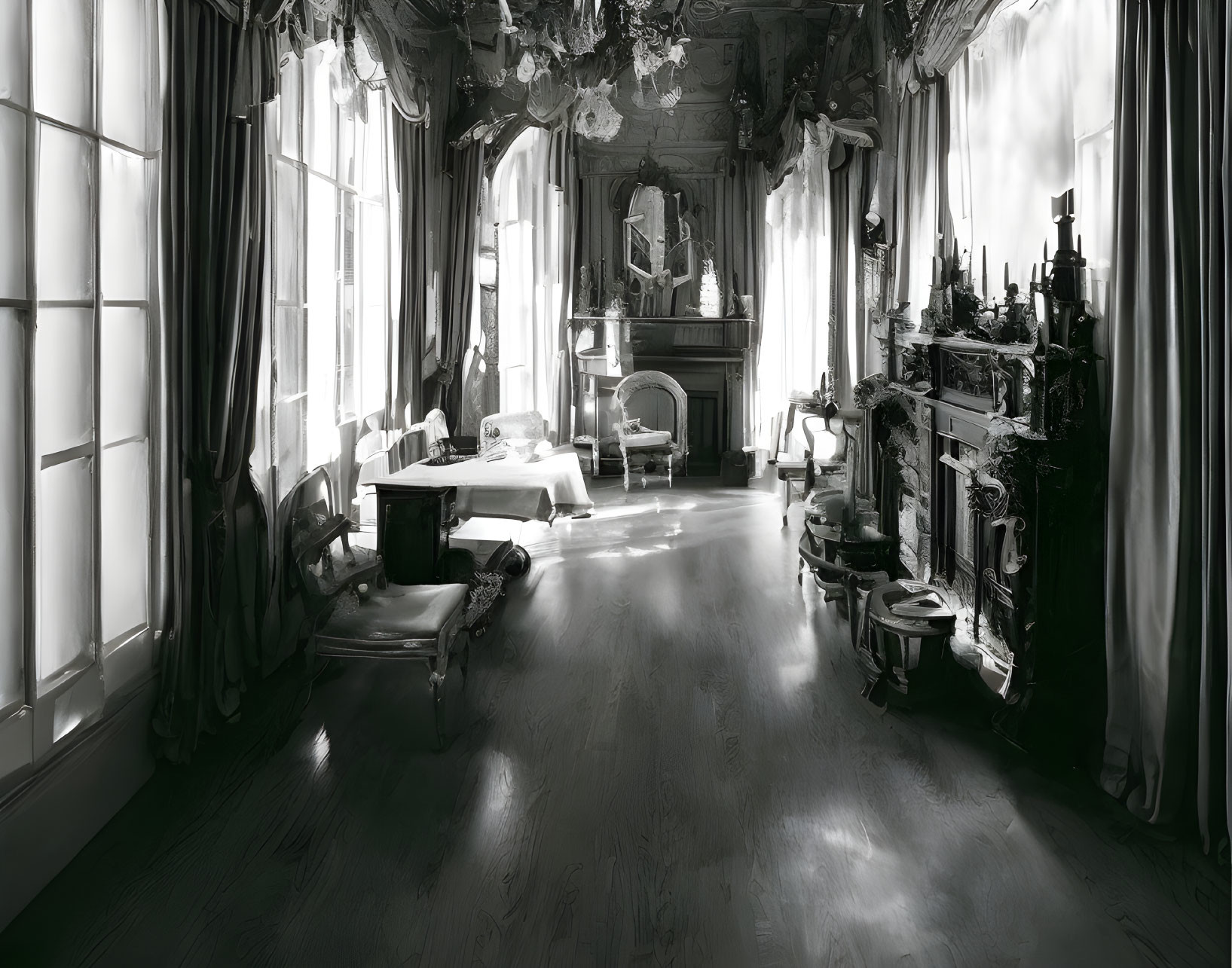 Vintage room with large windows and ornate furniture in monochrome.