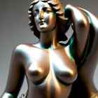 Reflective metallic sculpture of woman with classical beauty.