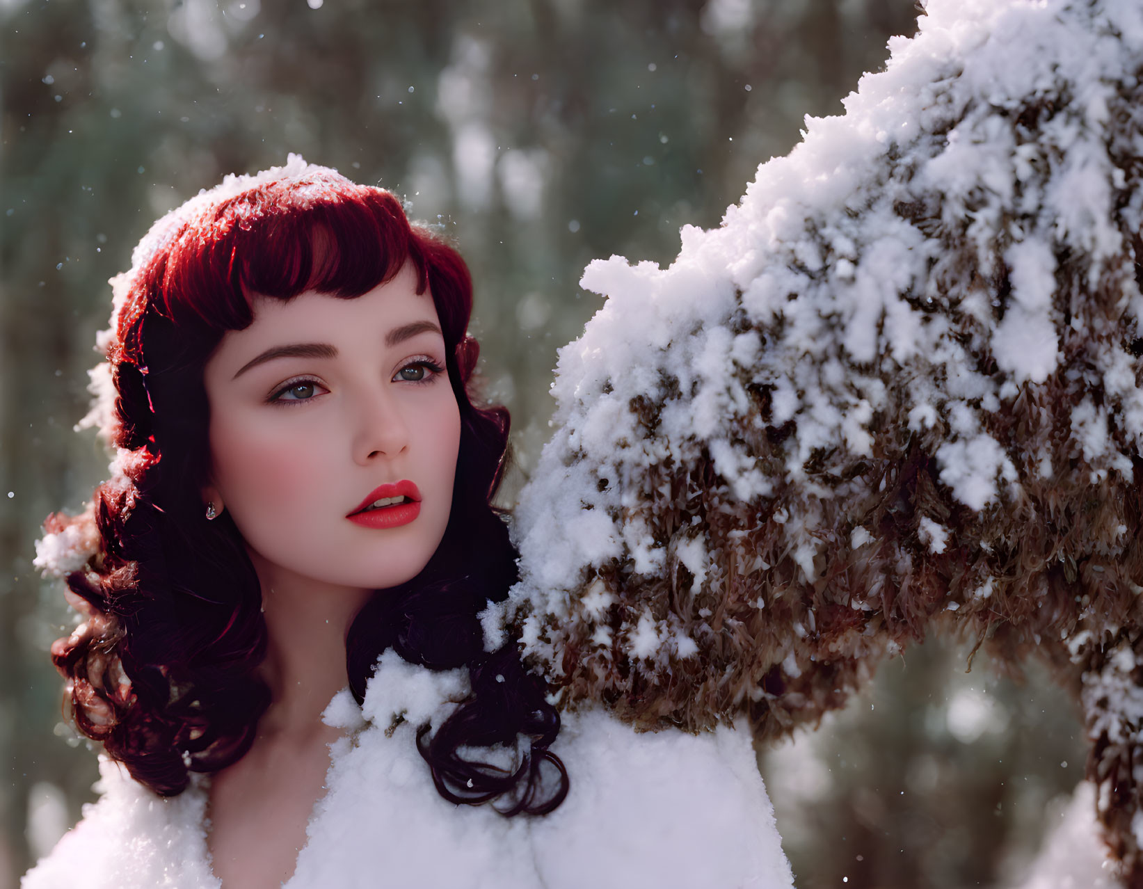 Dark-haired woman in white coat with red lipstick in snowy scene touching tree branch