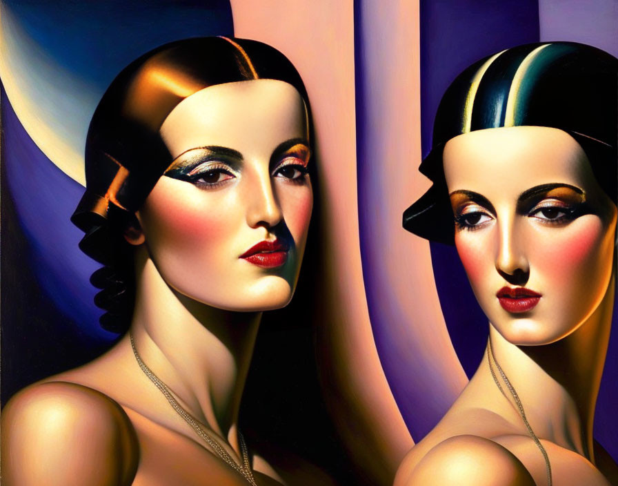 Stylized female figures with bob haircuts and art deco fashion in rich colors