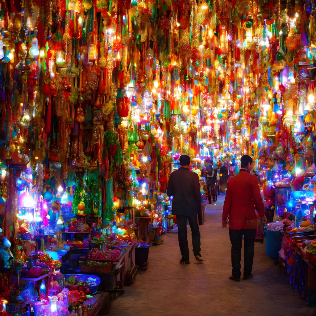 Vibrant market corridor with colorful hanging lanterns at night