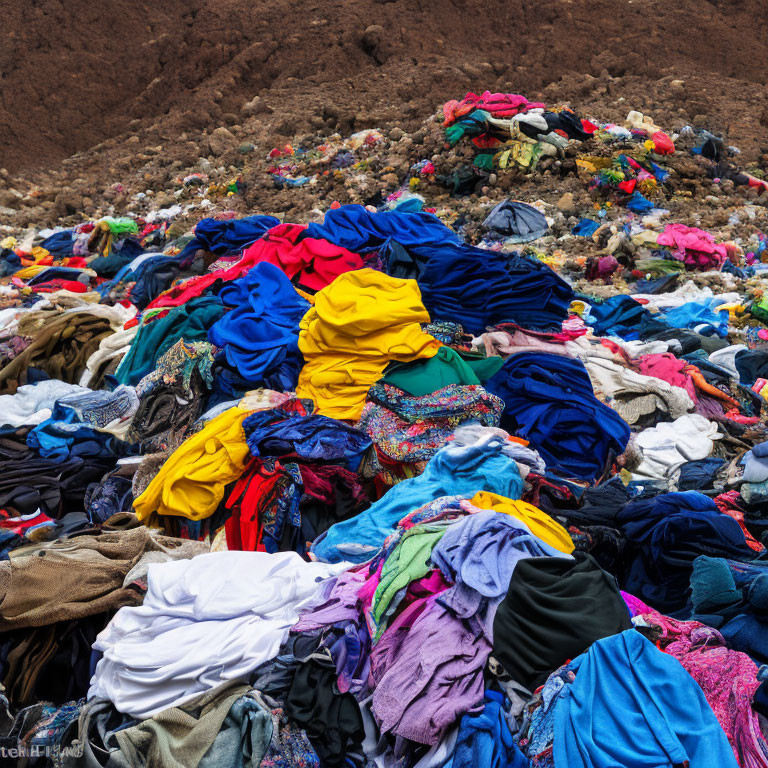 Colorful Discarded Clothing Pile on Barren Hillside