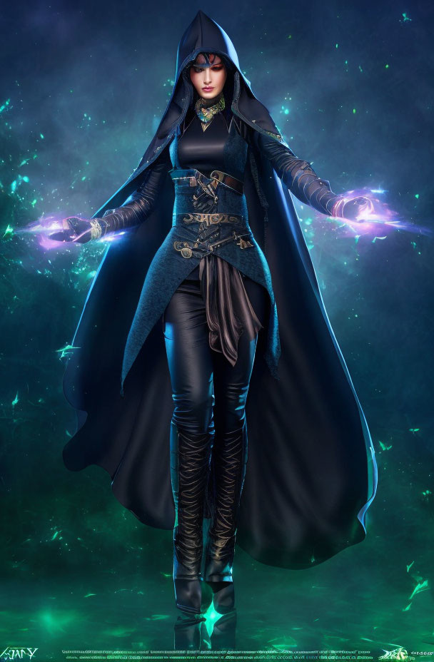 Fantasy character in dark cloak and armor with glowing purple energy in starry setting