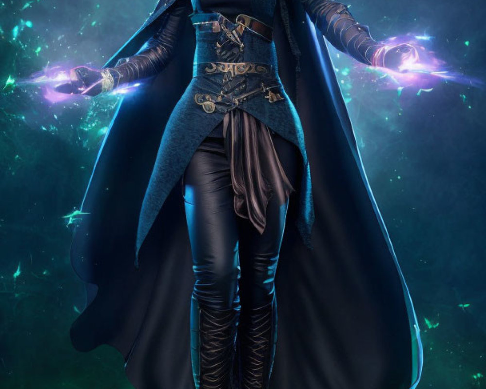 Fantasy character in dark cloak and armor with glowing purple energy in starry setting