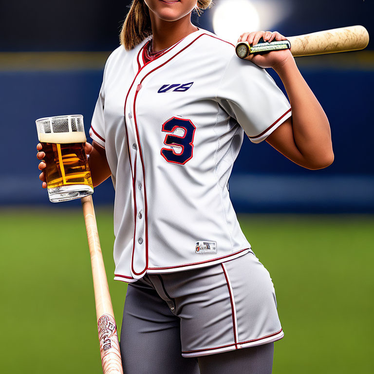 Baseball player with bat and beer on sports field