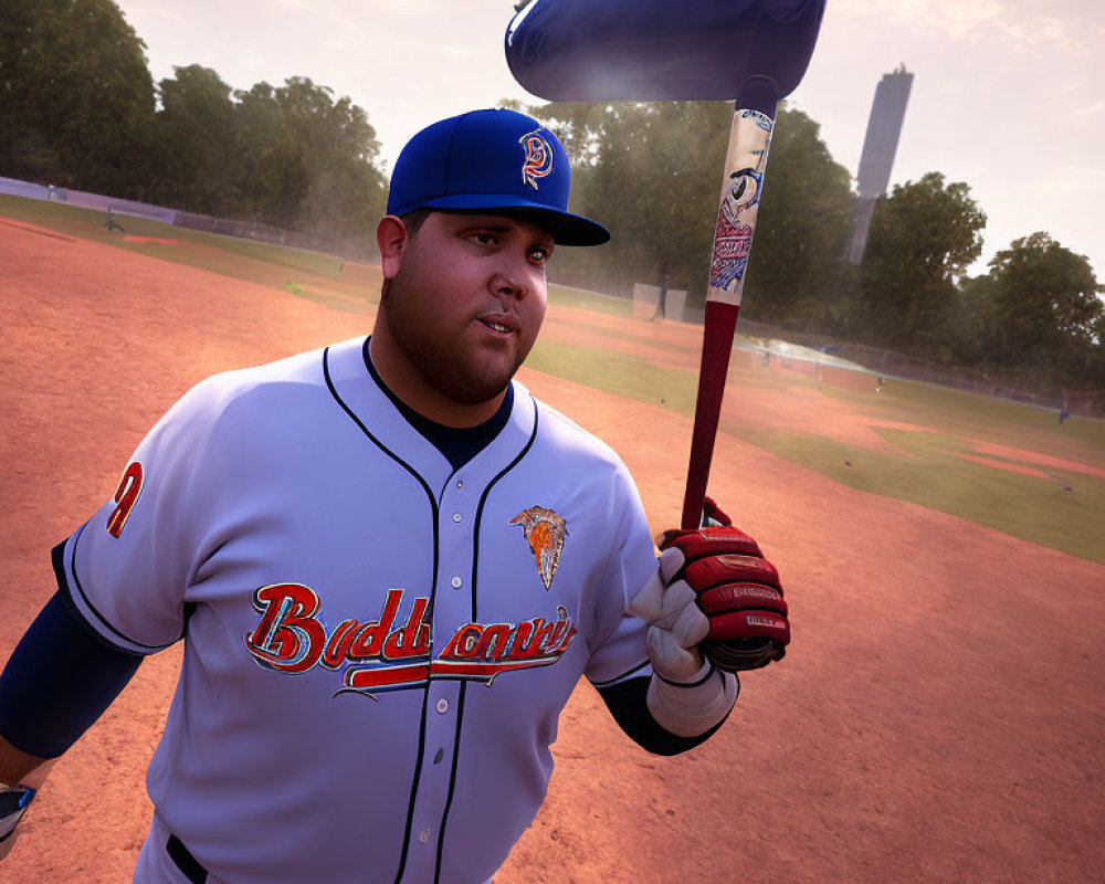 Baseball player in blue cap and white jersey with bat on shoulder at sunny ballpark