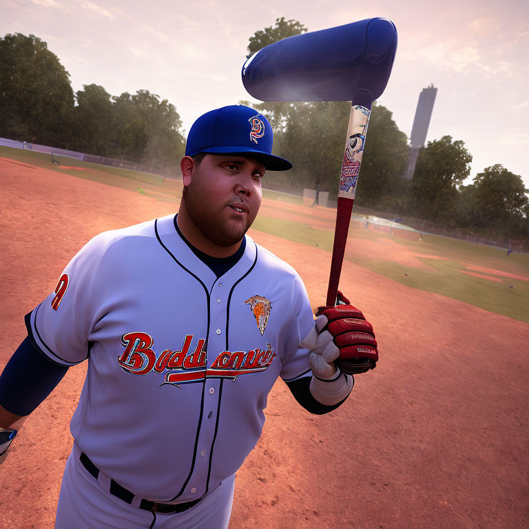 Baseball player in blue cap and white jersey with bat on shoulder at sunny ballpark