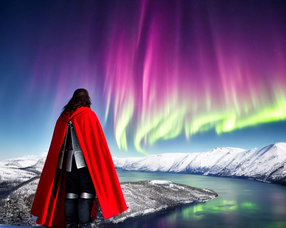 Medieval armor-clad person gazes at aurora borealis over snowy landscape