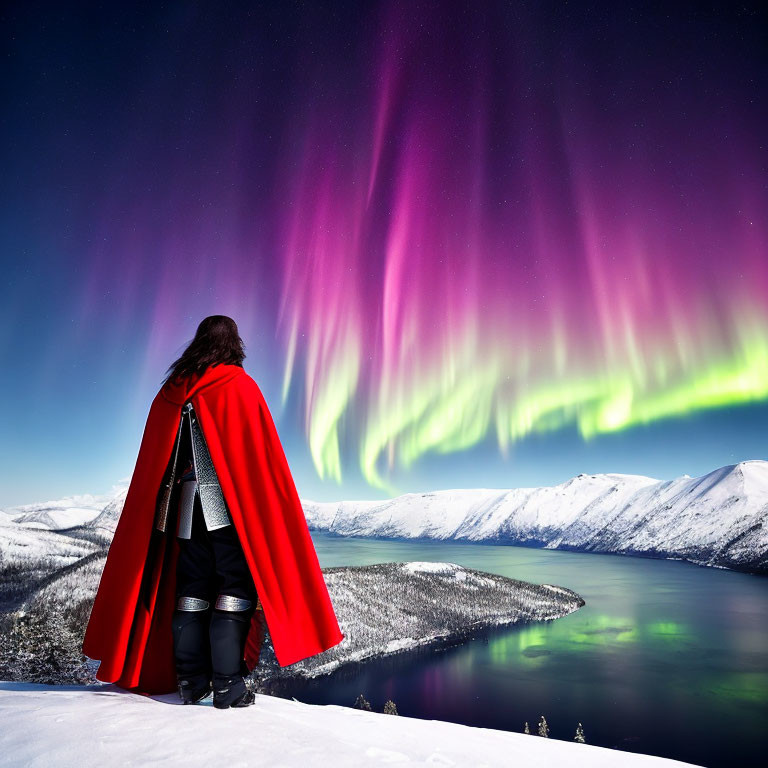 Medieval armor-clad person gazes at aurora borealis over snowy landscape