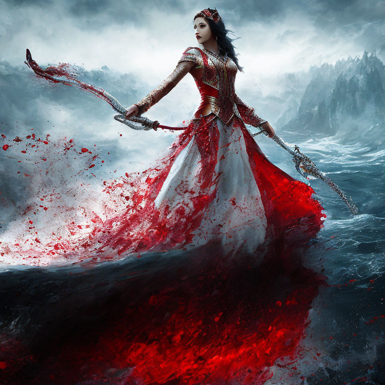 Woman in red and white dress with sword in crimson sea scenery