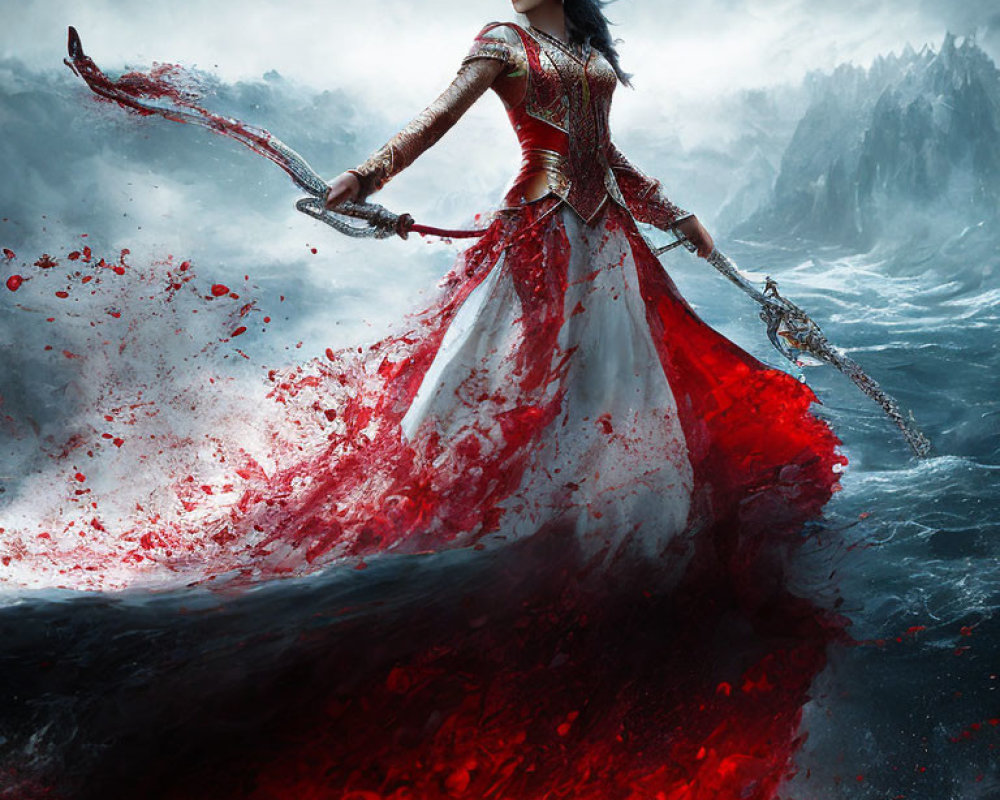 Woman in red and white dress with sword in crimson sea scenery