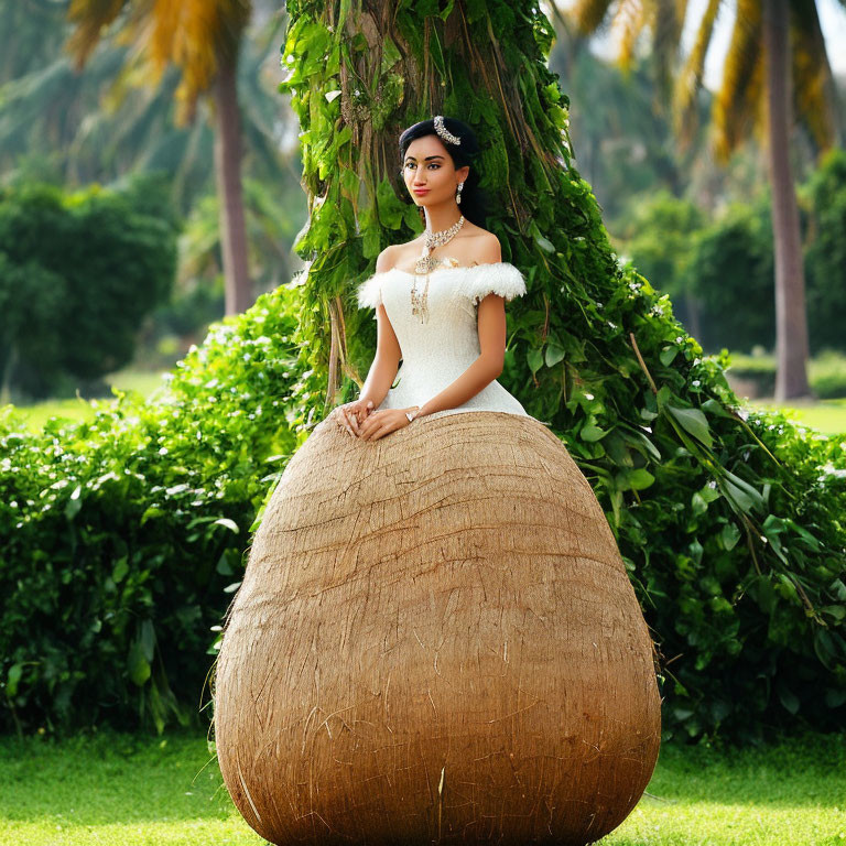 Woman in white off-shoulder gown on large round object in lush greenery