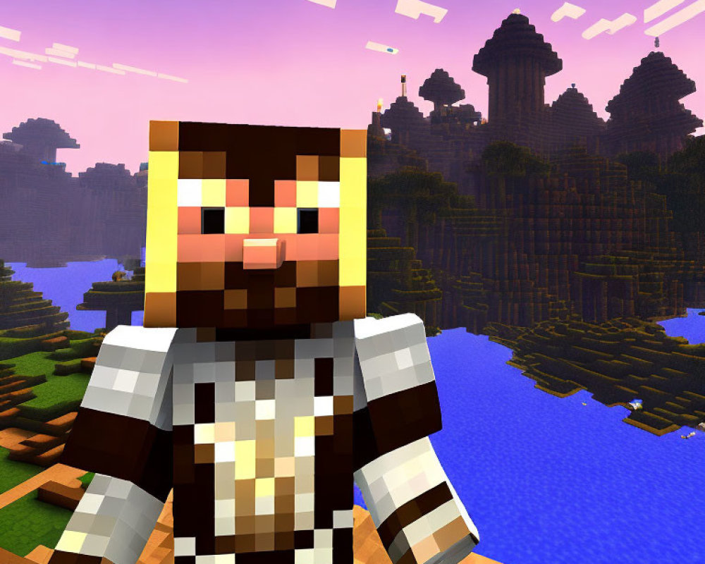 Minecraft character in armor with beard by lake under pink and blue sky