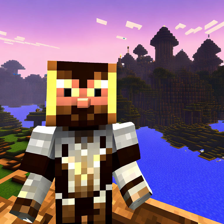 Minecraft character in armor with beard by lake under pink and blue sky