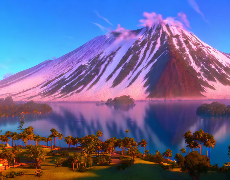 Tranquil sunset scene with snow-capped volcano, lake, and palm trees