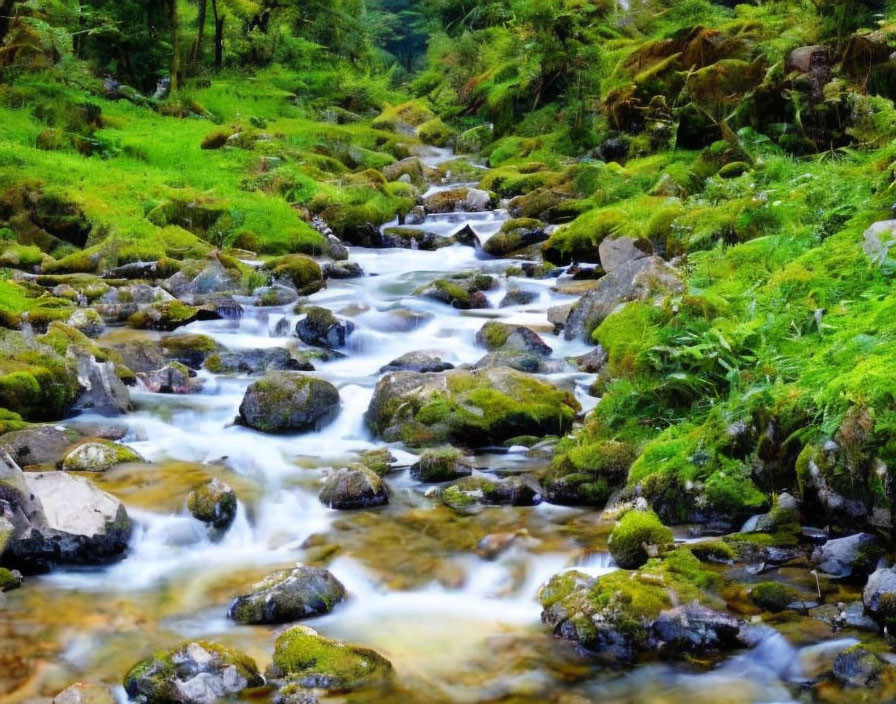 Tranquil stream with clear water, moss-covered rocks, and lush forest vegetation