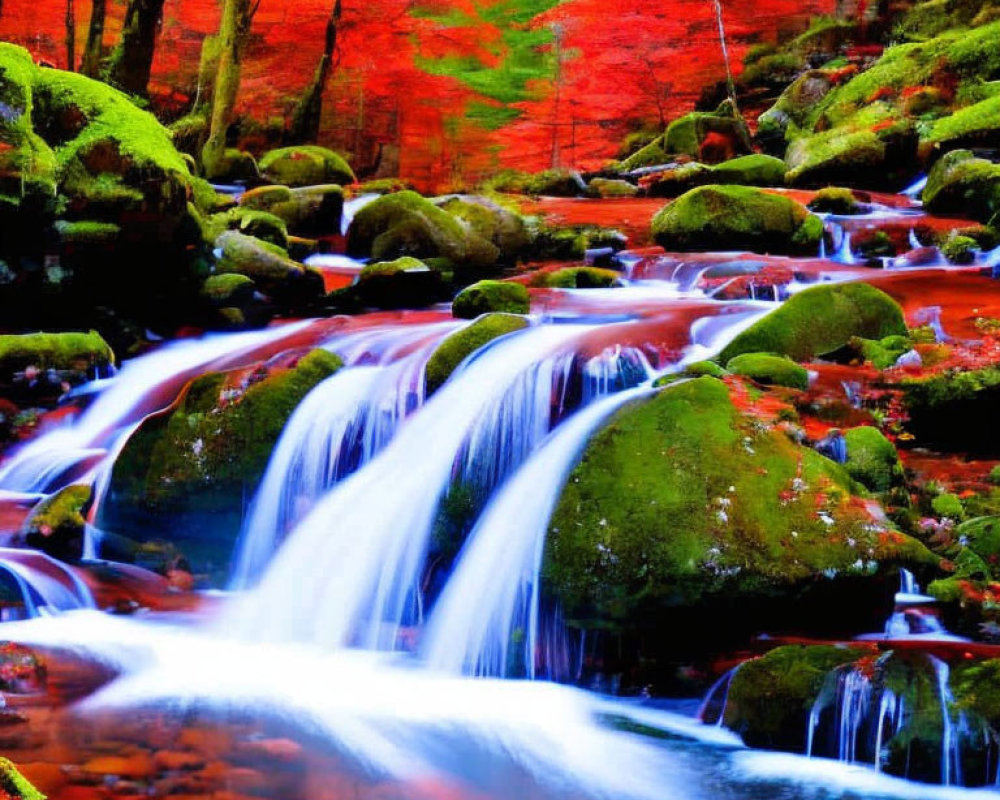 Autumn forest with moss-covered rocks and cascading waterfall