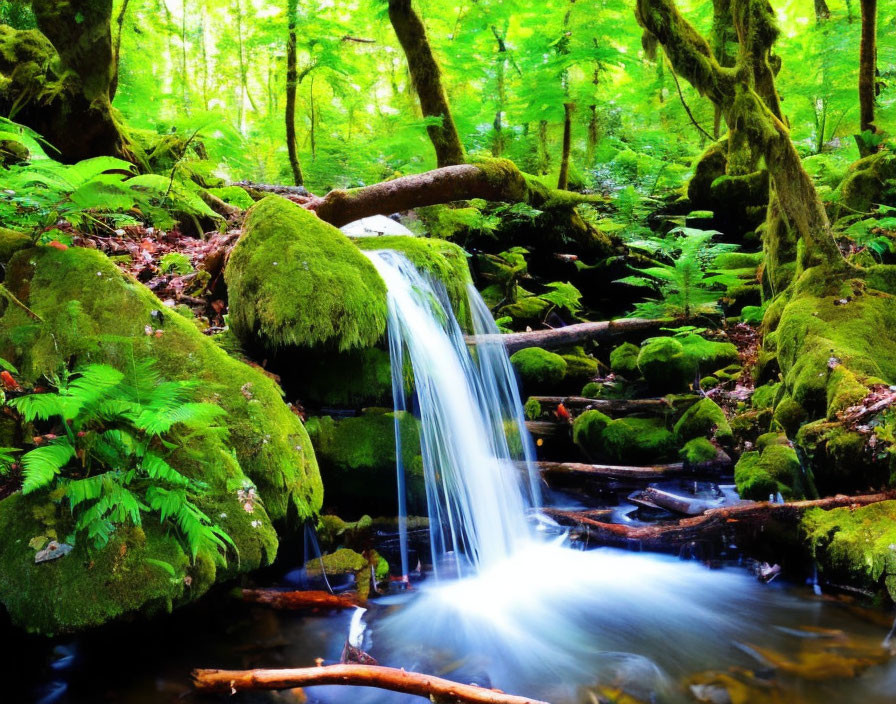 Tranquil forest waterfall scene with mossy rocks and lush greenery