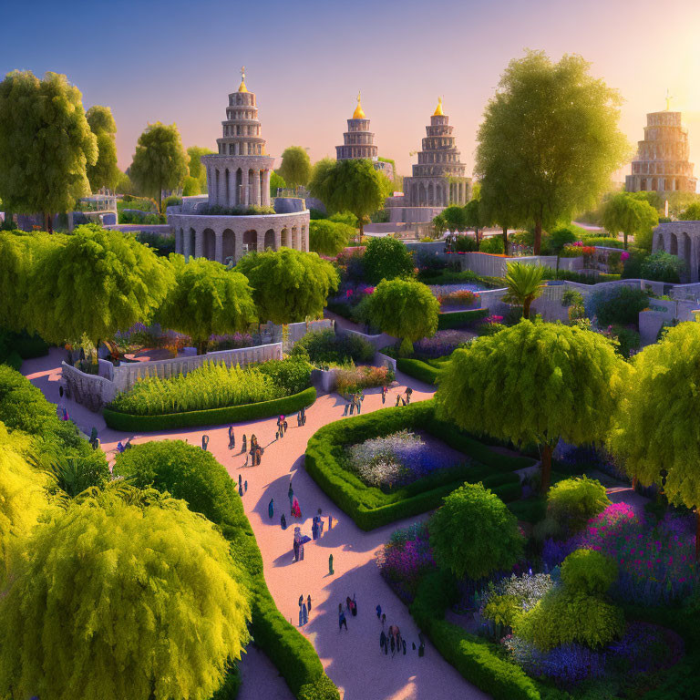 Lush garden with vibrant flowers and ornate buildings at sunset