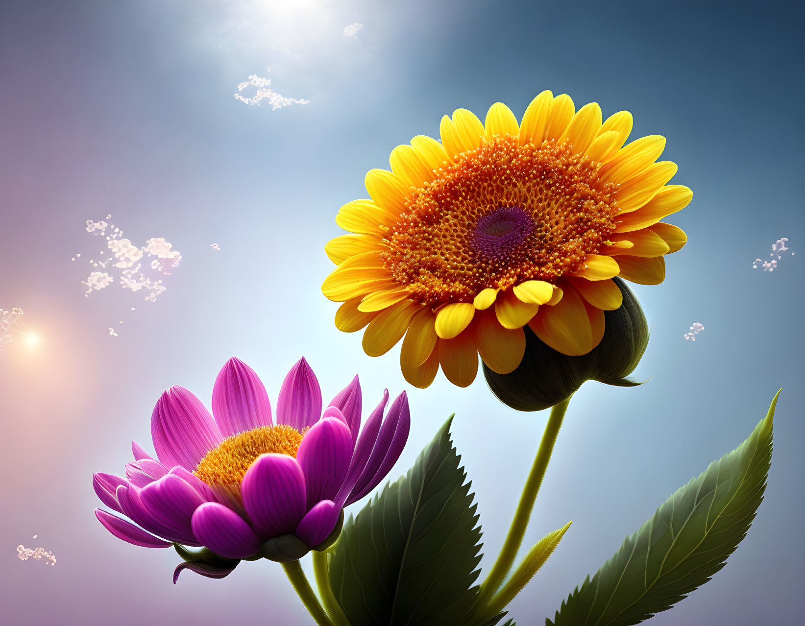 Colorful Sunflower and Purple Flower in Blue Sky with Floating Petals