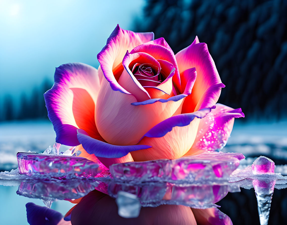 Pink-tipped rose on ice slab against wintry backdrop with trees