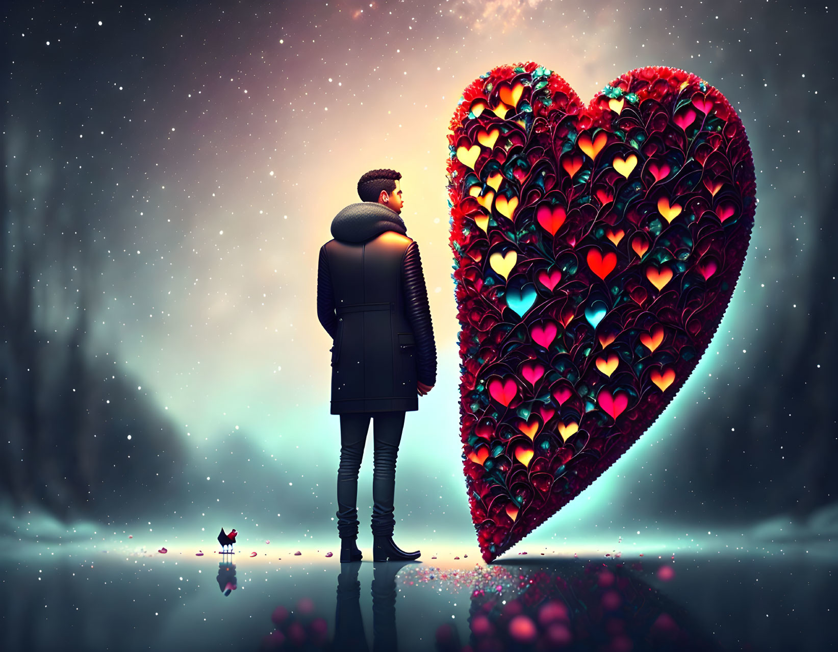 Man stands before giant heart made of smaller hearts on starry backdrop