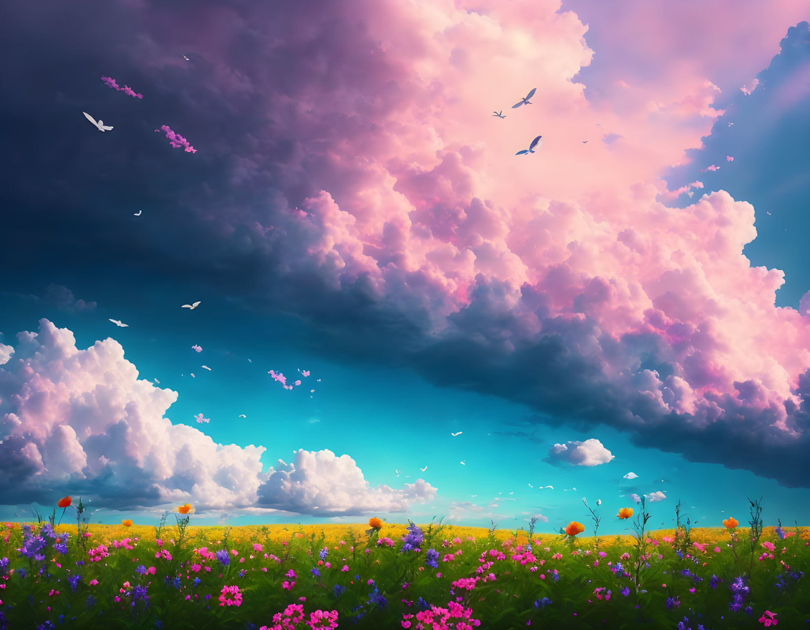 Colorful meadow under dramatic sky with pink and purple clouds, sunbeams, and birds.