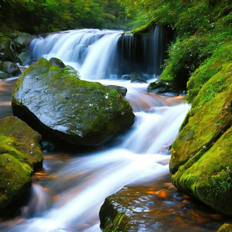 Tranquil forest scene with cascading waterfall