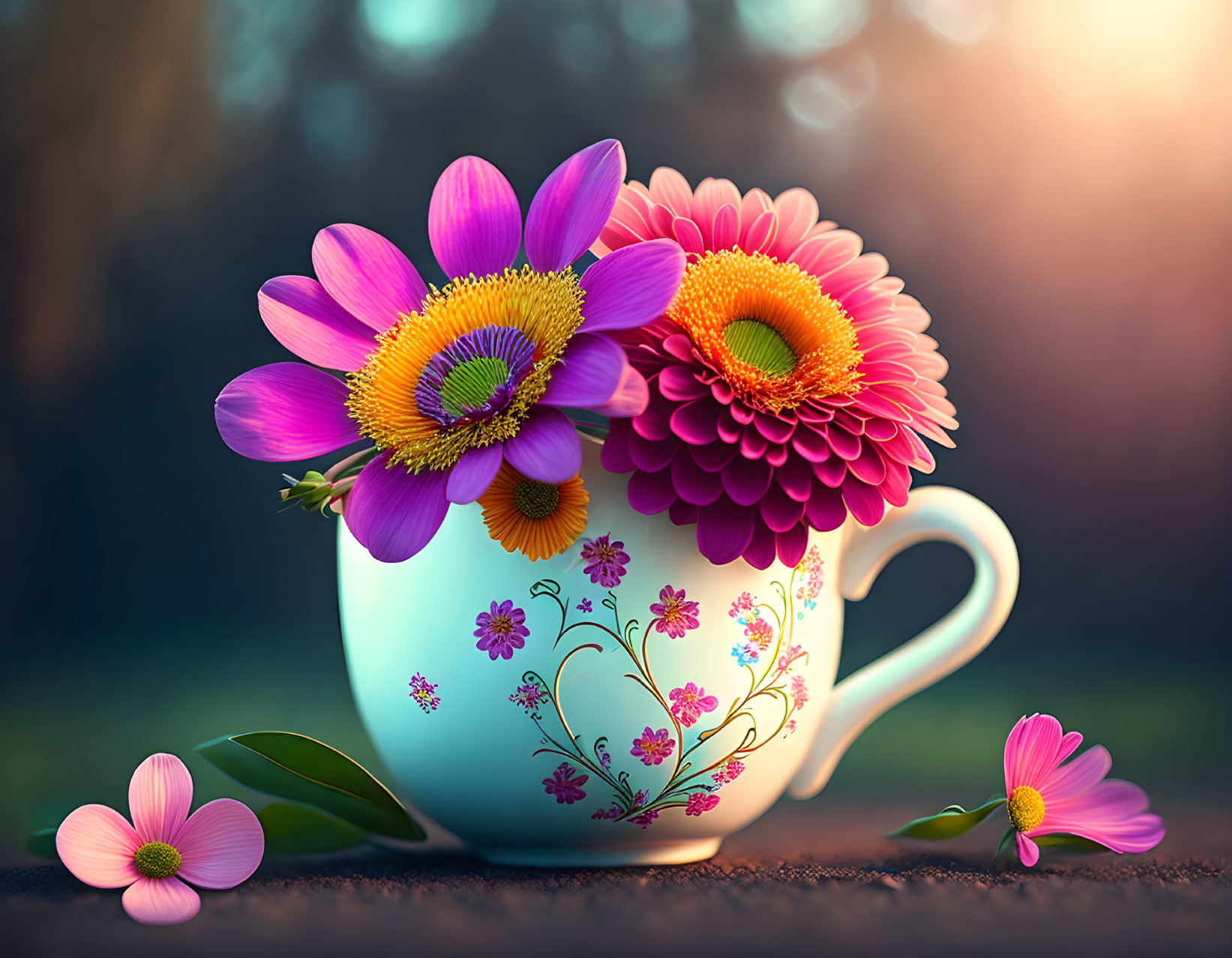 Floral Ceramic Cup Overflowing with Gerberas and Daisies